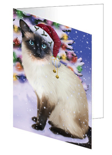 Winterland Wonderland Siamese Cat In Christmas Holiday Scenic Background Handmade Artwork Assorted Pets Greeting Cards and Note Cards with Envelopes for All Occasions and Holiday Seasons GCD65360