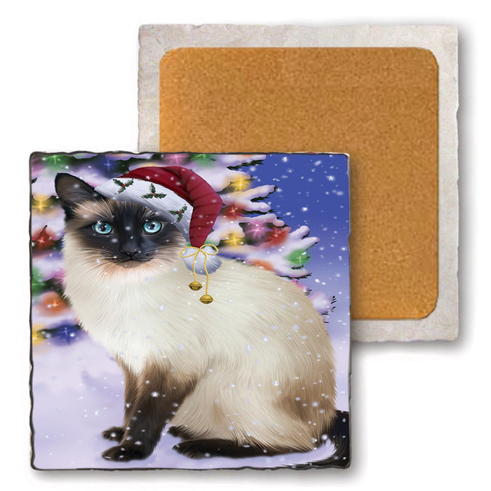 Winterland Wonderland Siamese Cat In Christmas Holiday Scenic Background Set of 4 Natural Stone Marble Tile Coasters MCST48777