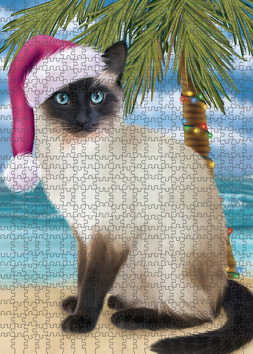 Summertime Happy Holidays Christmas Siamese Cat on Tropical Island Beach Puzzle with Photo Tin PUZL85472