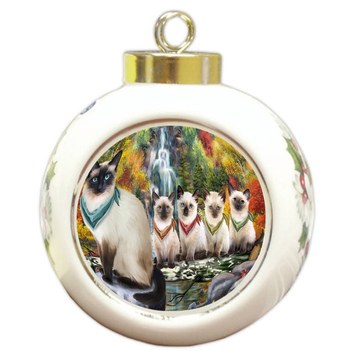 Scenic Waterfall Siamese Cats Round Ball Christmas Ornament RBPOR51956