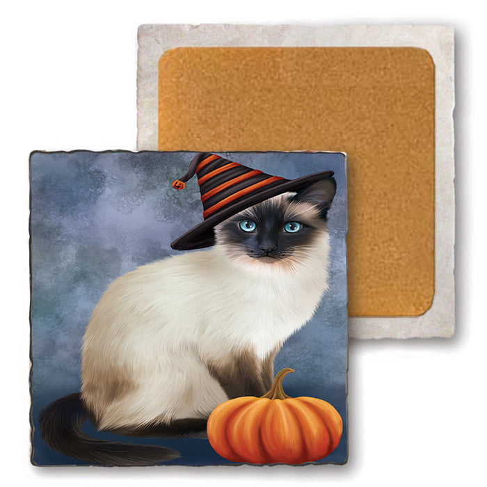 Happy Halloween Siamese Cat Wearing Witch Hat with Pumpkin Set of 4 Natural Stone Marble Tile Coasters MCST49742