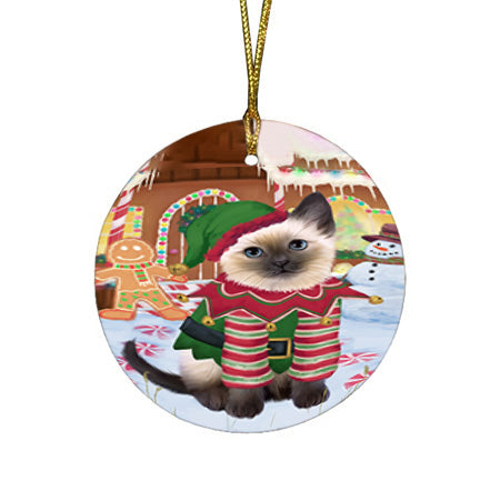 Christmas Gingerbread House Candyfest Siamese Cat Round Flat Christmas Ornament RFPOR56912