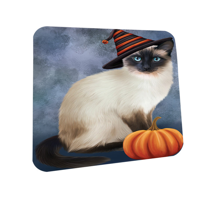 Happy Halloween Siamese Cat Wearing Witch Hat with Pumpkin Coasters Set of 4 CST54700