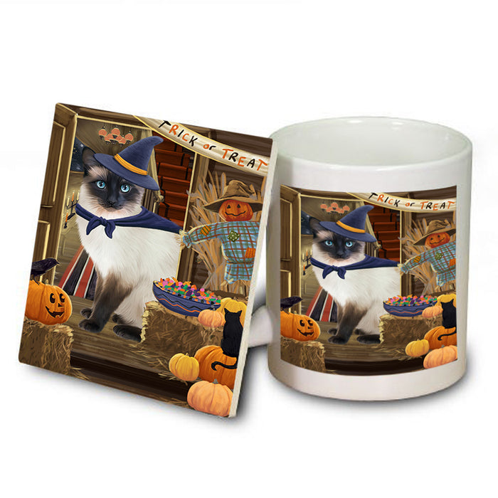Enter at Own Risk Trick or Treat Halloween Siamese Cat Dog Mug and Coaster Set MUC53286