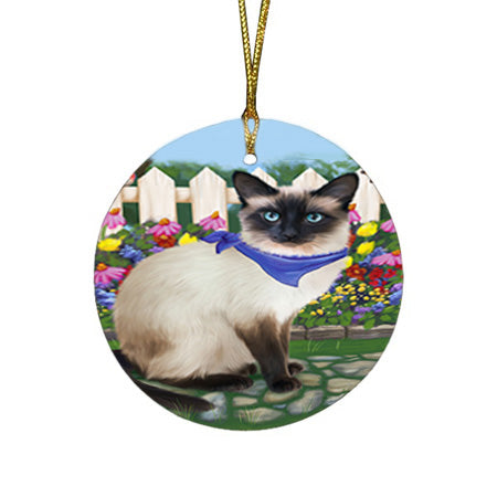 Spring Floral Siamese Cat Round Flat Christmas Ornament RFPOR52264