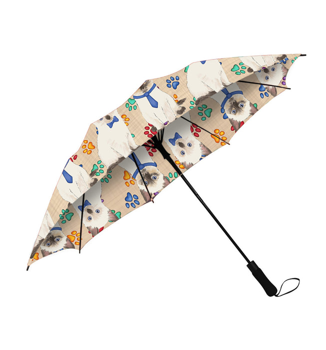 Rainbow Paw Print Siamese Cats Blue Semi-Automatic Foldable Umbrella