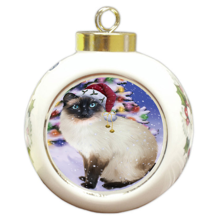 Winterland Wonderland Siamese Cat In Christmas Holiday Scenic Background Round Ball Christmas Ornament RBPOR53777