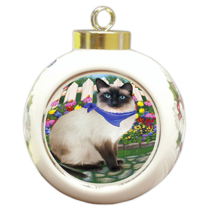 Spring Floral Siamese Cat Round Ball Christmas Ornament RBPOR52273