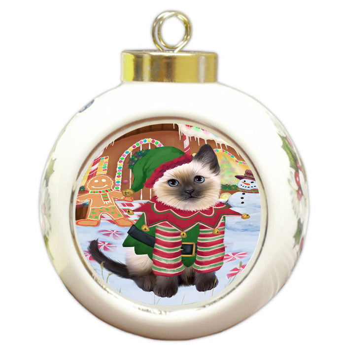 Christmas Gingerbread House Candyfest Siamese Cat Round Ball Christmas Ornament RBPOR56912