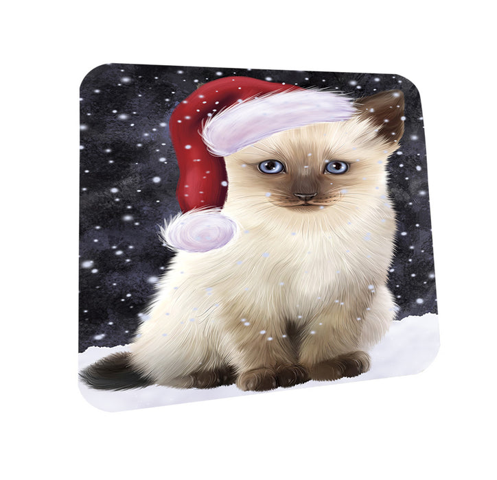 Let it Snow Christmas Holiday Siamese Cat Wearing Santa Hat Coasters Set of 4 CST54281