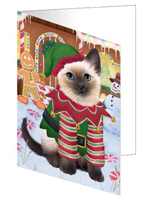 Christmas Gingerbread House Candyfest Siamese Cat Handmade Artwork Assorted Pets Greeting Cards and Note Cards with Envelopes for All Occasions and Holiday Seasons GCD74183