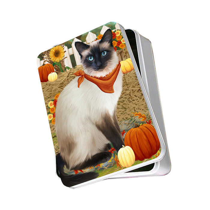 Fall Autumn Greeting Siamese Cat with Pumpkins Photo Storage Tin PITN52344