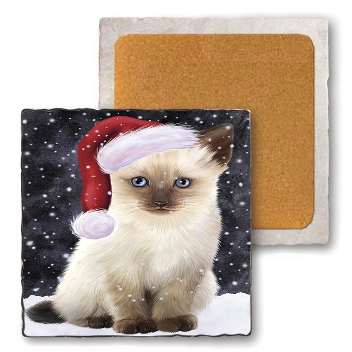 Let it Snow Christmas Holiday Siamese Cat Wearing Santa Hat Set of 4 Natural Stone Marble Tile Coasters MCST49323