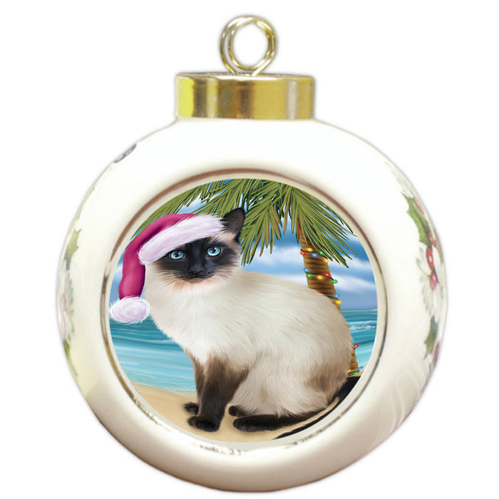 Summertime Happy Holidays Christmas Siamese Cat on Tropical Island Beach Round Ball Christmas Ornament RBPOR54579