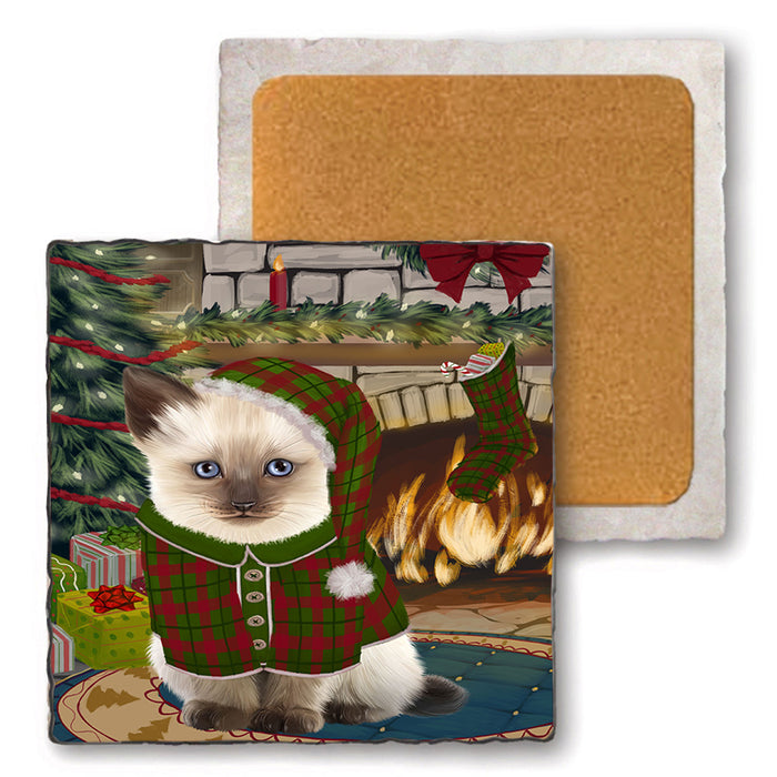 The Stocking was Hung Siamese Cat Set of 4 Natural Stone Marble Tile Coasters MCST50622