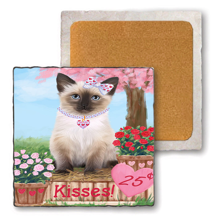 Rosie 25 Cent Kisses Siamese Cat Set of 4 Natural Stone Marble Tile Coasters MCST51037
