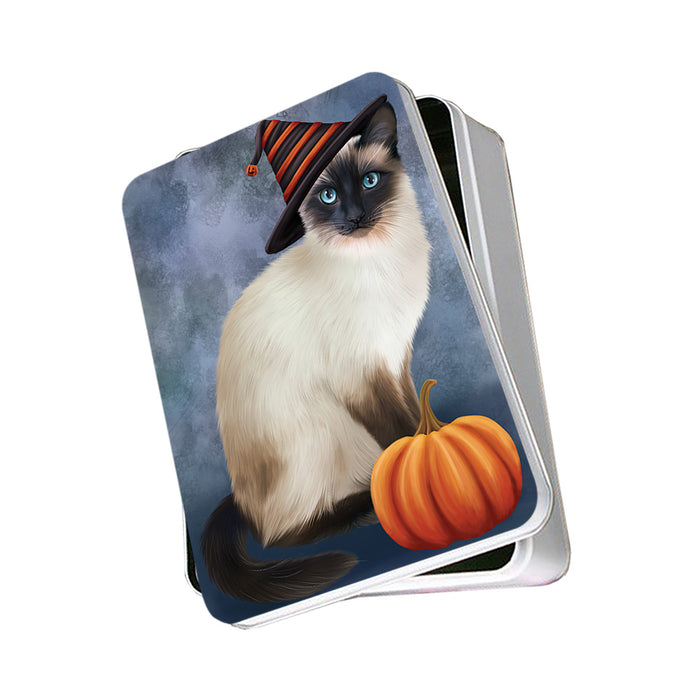 Happy Halloween Siamese Cat Wearing Witch Hat with Pumpkin Photo Storage Tin PITN54685