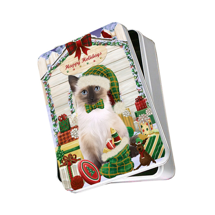 Happy Holidays Christmas Siamese Cat With Presents Photo Storage Tin PITN52682