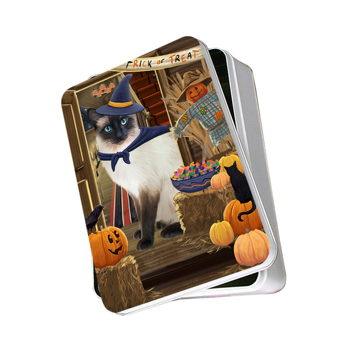 Enter at Own Risk Trick or Treat Halloween Siamese Cat Dog Photo Storage Tin PITN53294