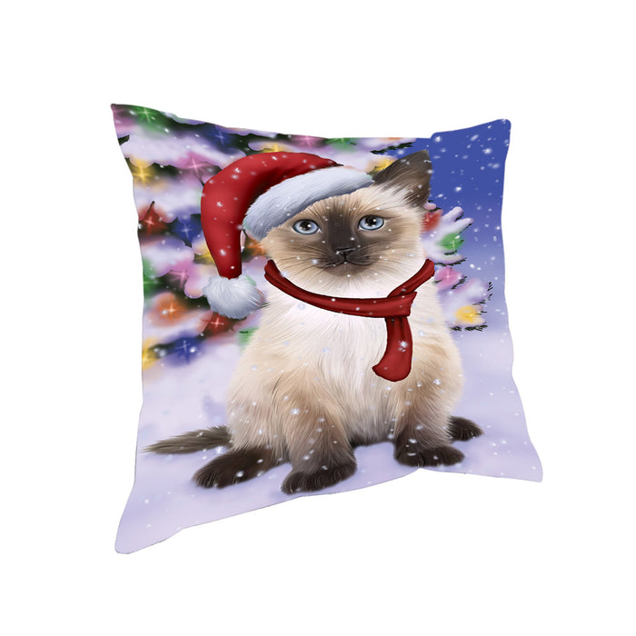 Winterland Wonderland Siamese Cat In Christmas Holiday Scenic Background Pillow PIL71736