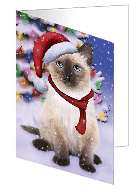 Winterland Wonderland Siamese Cat In Christmas Holiday Scenic Background Handmade Artwork Assorted Pets Greeting Cards and Note Cards with Envelopes for All Occasions and Holiday Seasons GCD65363