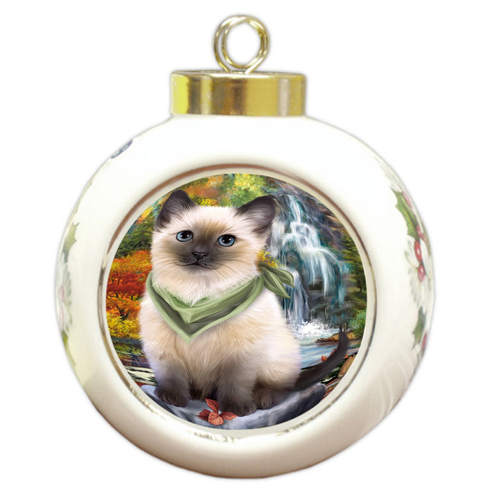 Scenic Waterfall Siamese Cat Round Ball Christmas Ornament RBPOR51957