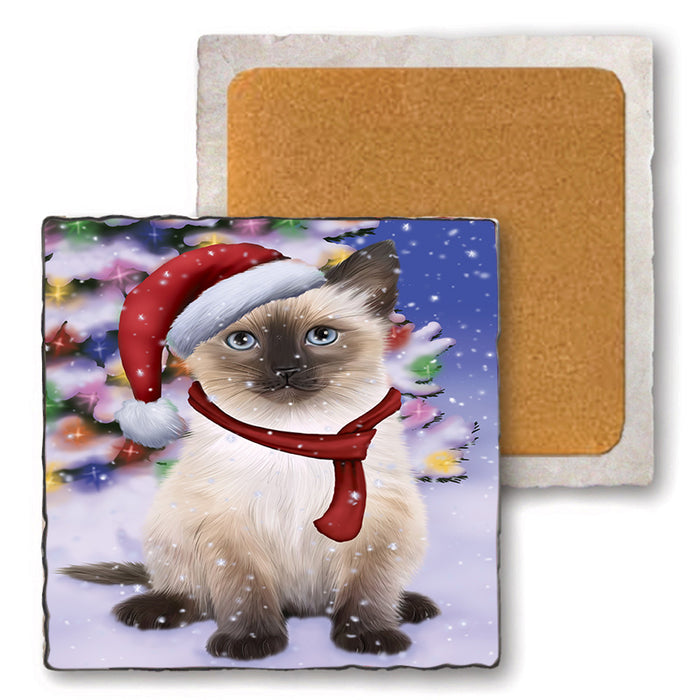 Winterland Wonderland Siamese Cat In Christmas Holiday Scenic Background Set of 4 Natural Stone Marble Tile Coasters MCST48778