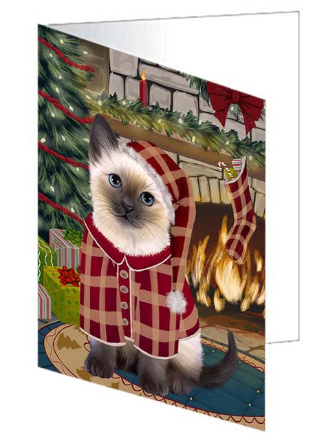 The Stocking was Hung Siamese Cat Handmade Artwork Assorted Pets Greeting Cards and Note Cards with Envelopes for All Occasions and Holiday Seasons GCD71384