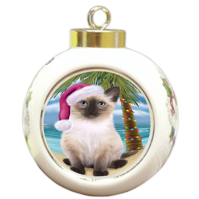 Summertime Happy Holidays Christmas Siamese Cat on Tropical Island Beach Round Ball Christmas Ornament RBPOR54580