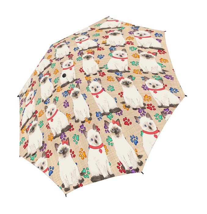 Rainbow Paw Print Siamese Cats Red Semi-Automatic Foldable Umbrella