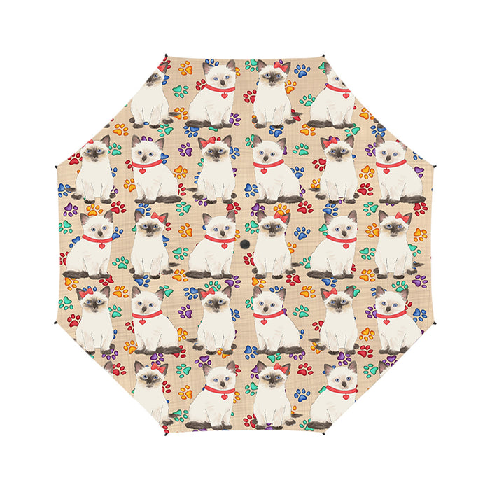 Rainbow Paw Print Siamese Cats Red Semi-Automatic Foldable Umbrella