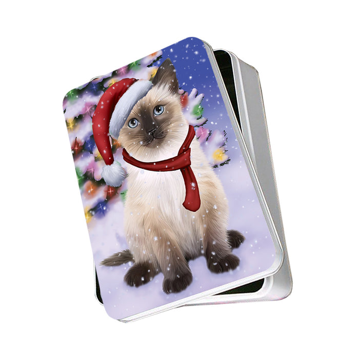 Winterland Wonderland Siamese Cat In Christmas Holiday Scenic Background Photo Storage Tin PITN53721