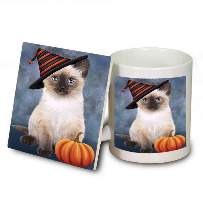 Happy Halloween Siamese Cat Wearing Witch Hat with Pumpkin Mug and Coaster Set MUC54735