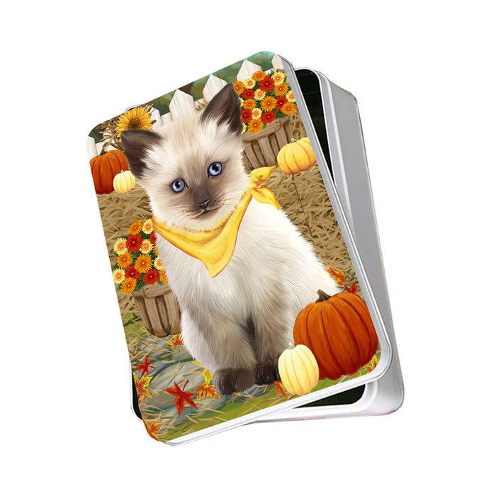 Fall Autumn Greeting Siamese Cat with Pumpkins Photo Storage Tin PITN52345
