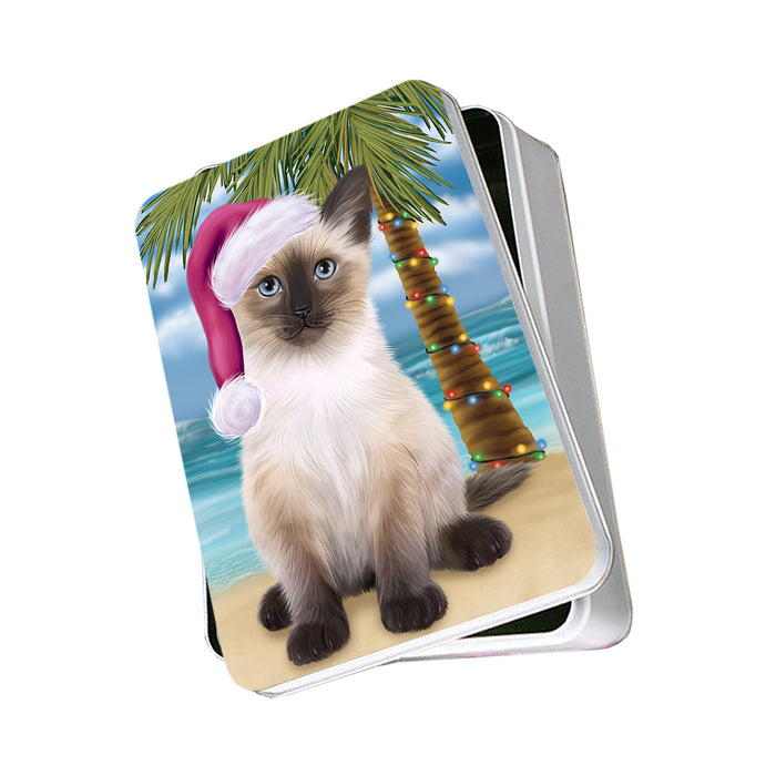 Summertime Happy Holidays Christmas Siamese Cat on Tropical Island Beach Photo Storage Tin PITN54395