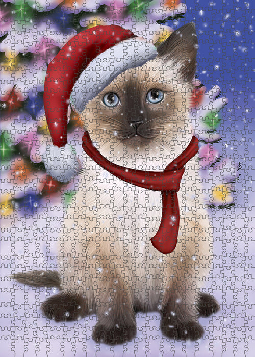 Winterland Wonderland Siamese Cat In Christmas Holiday Scenic Background Puzzle with Photo Tin PUZL82268