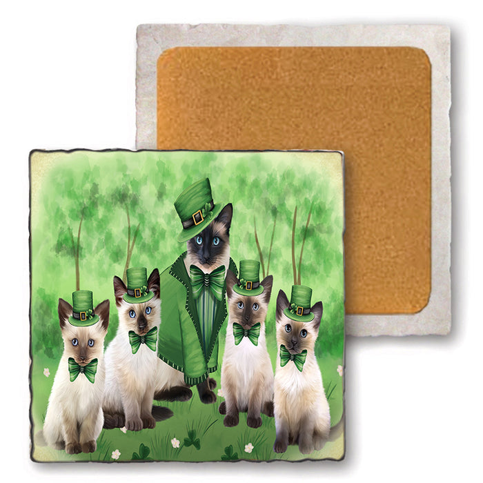 St. Patricks Day Irish Portrait Siamese Cats Set of 4 Natural Stone Marble Tile Coasters MCST52038