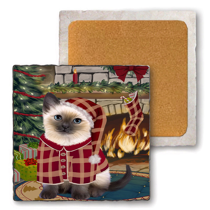 The Stocking was Hung Siamese Cat Set of 4 Natural Stone Marble Tile Coasters MCST50623