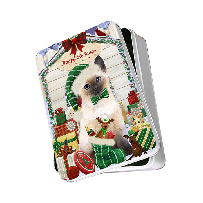 Happy Holidays Christmas Siamese Cat With Presents Photo Storage Tin PITN52683