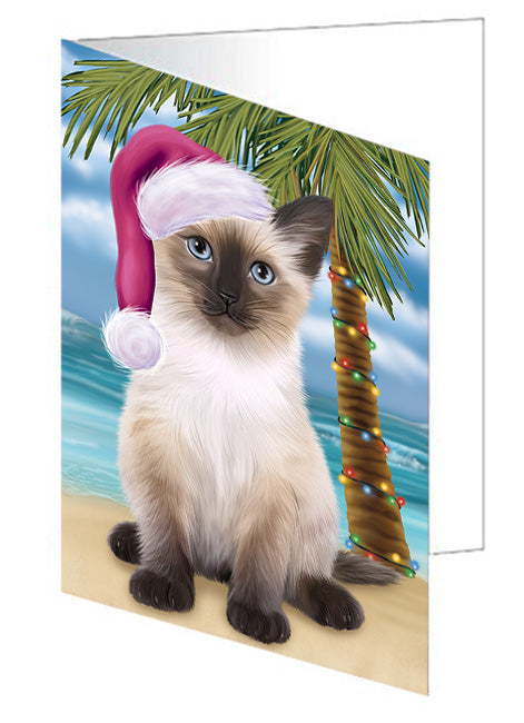 Summertime Happy Holidays Christmas Siamese Cat on Tropical Island Beach Handmade Artwork Assorted Pets Greeting Cards and Note Cards with Envelopes for All Occasions and Holiday Seasons GCD67769