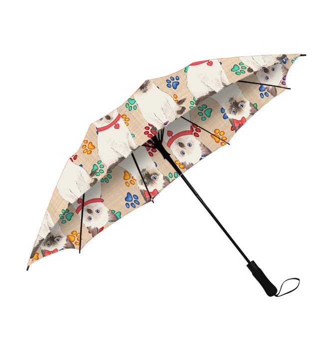 Rainbow Paw Print Siamese Cats Red Semi-Automatic Foldable Umbrella