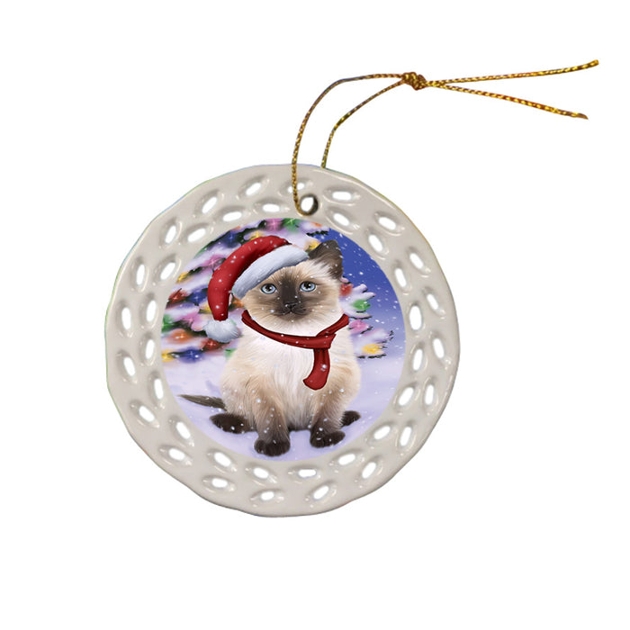 Winterland Wonderland Siamese Cat In Christmas Holiday Scenic Background Ceramic Doily Ornament DPOR53778