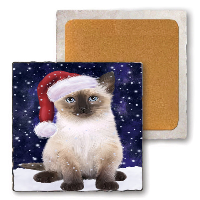 Let it Snow Christmas Holiday Siamese Cat Wearing Santa Hat Set of 4 Natural Stone Marble Tile Coasters MCST49324