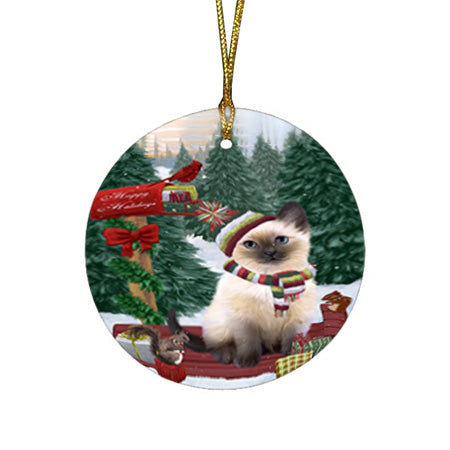 Merry Christmas Woodland Sled Siamese Cat Round Flat Christmas Ornament RFPOR55399