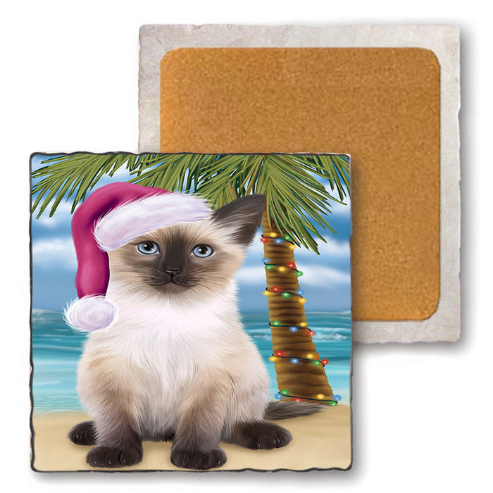 Summertime Happy Holidays Christmas Siamese Cat on Tropical Island Beach Set of 4 Natural Stone Marble Tile Coasters MCST49452