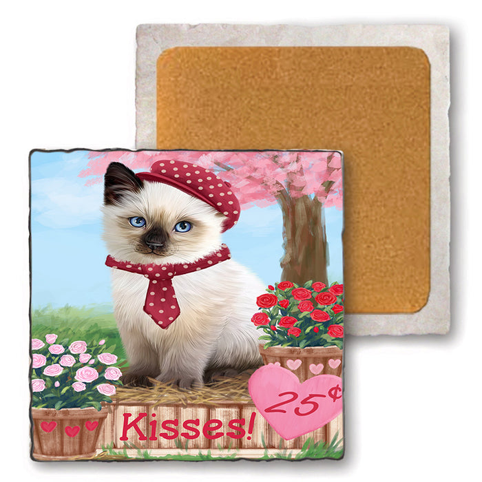 Rosie 25 Cent Kisses Siamese Cat Set of 4 Natural Stone Marble Tile Coasters MCST51038