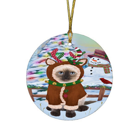 Christmas Gingerbread House Candyfest Siamese Cat Round Flat Christmas Ornament RFPOR56913