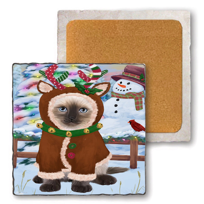 Christmas Gingerbread House Candyfest Siamese Cat Set of 4 Natural Stone Marble Tile Coasters MCST51557