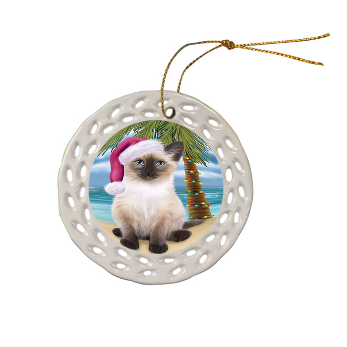 Summertime Happy Holidays Christmas Siamese Cat on Tropical Island Beach Ceramic Doily Ornament DPOR54580