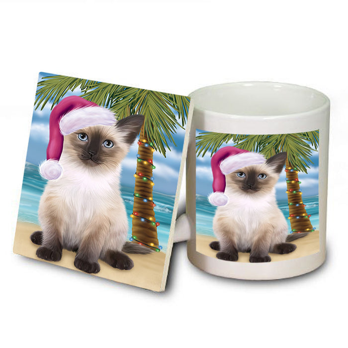 Summertime Happy Holidays Christmas Siamese Cat on Tropical Island Beach Mug and Coaster Set MUC54444